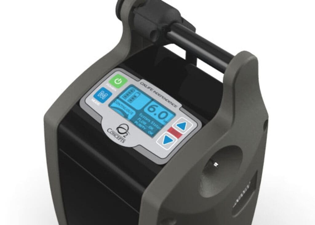 O2 Concepts Oxlife Independence 3 liter per minute continuous flow portable oxygen machine top view