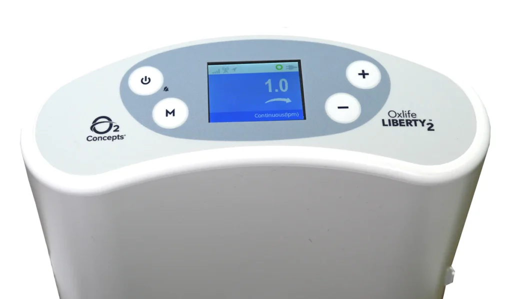 Oxlife Liberty 2 portable oxygen system control panel view with settings