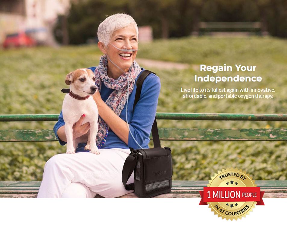 Inogen OxyGO Next Generation Rove 6 system for COPD oxygen therapy shown with lady in park.