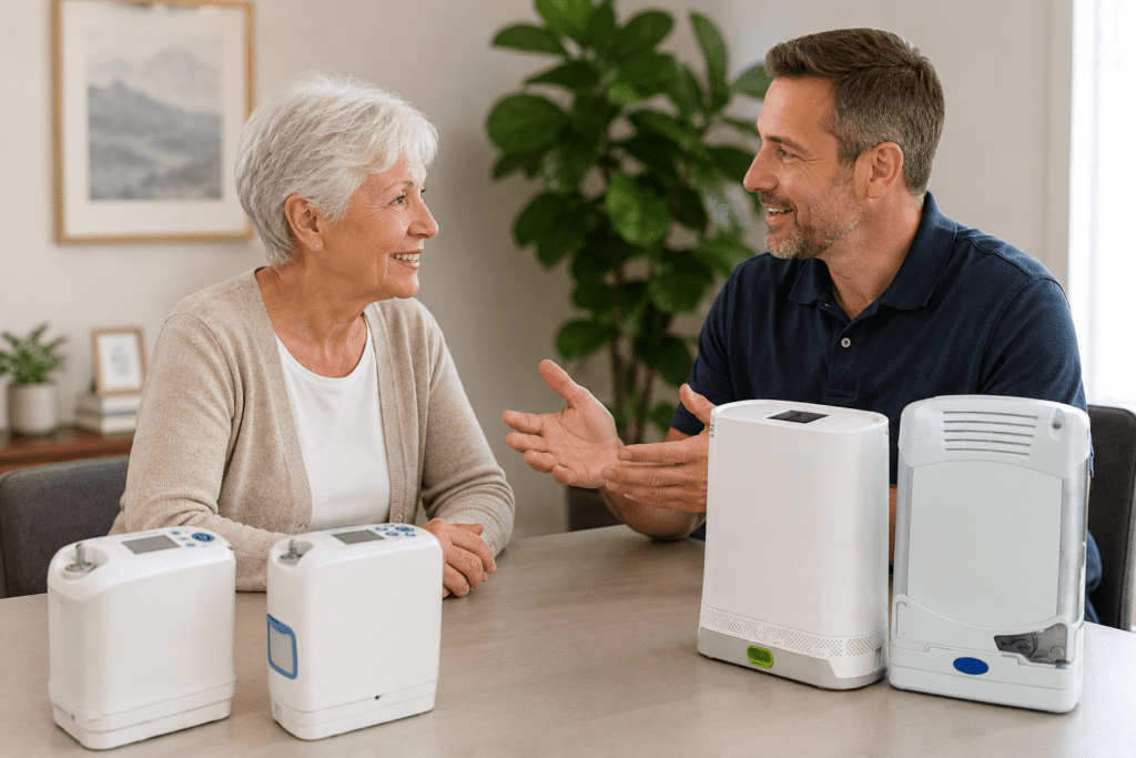 Customer discussing portable oxygen concentrator options with an experienced oxygen specialist